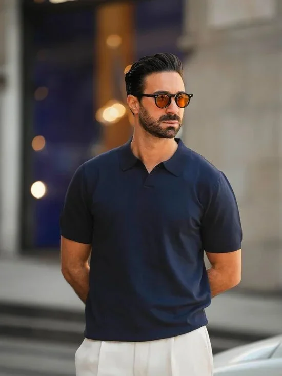 Women's Navy Blue V-Neck Short Sleeve Stretch Knit Polo Shirt Top - Picture 2 of 5